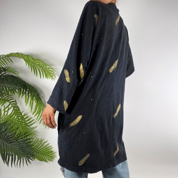 Vintage 80s 90s Black Floral Painted Retro Grunge Artsy Oversized Cardigan / 3X - Picture 2 of 8